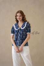 Women’s Indigo Blue Tree Print Cotton Top with Lace Peter Pan Collar