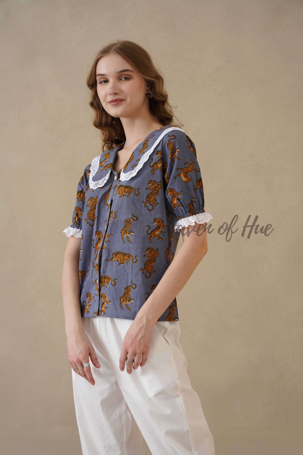 Women's Leopard Block Printed Cotton Blouse with Lace Peter Pan Collar