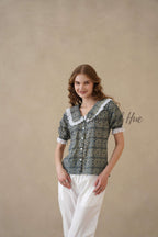 Women’s Indigo Blue Floral Cotton Summer Top with Lace Collar Detail