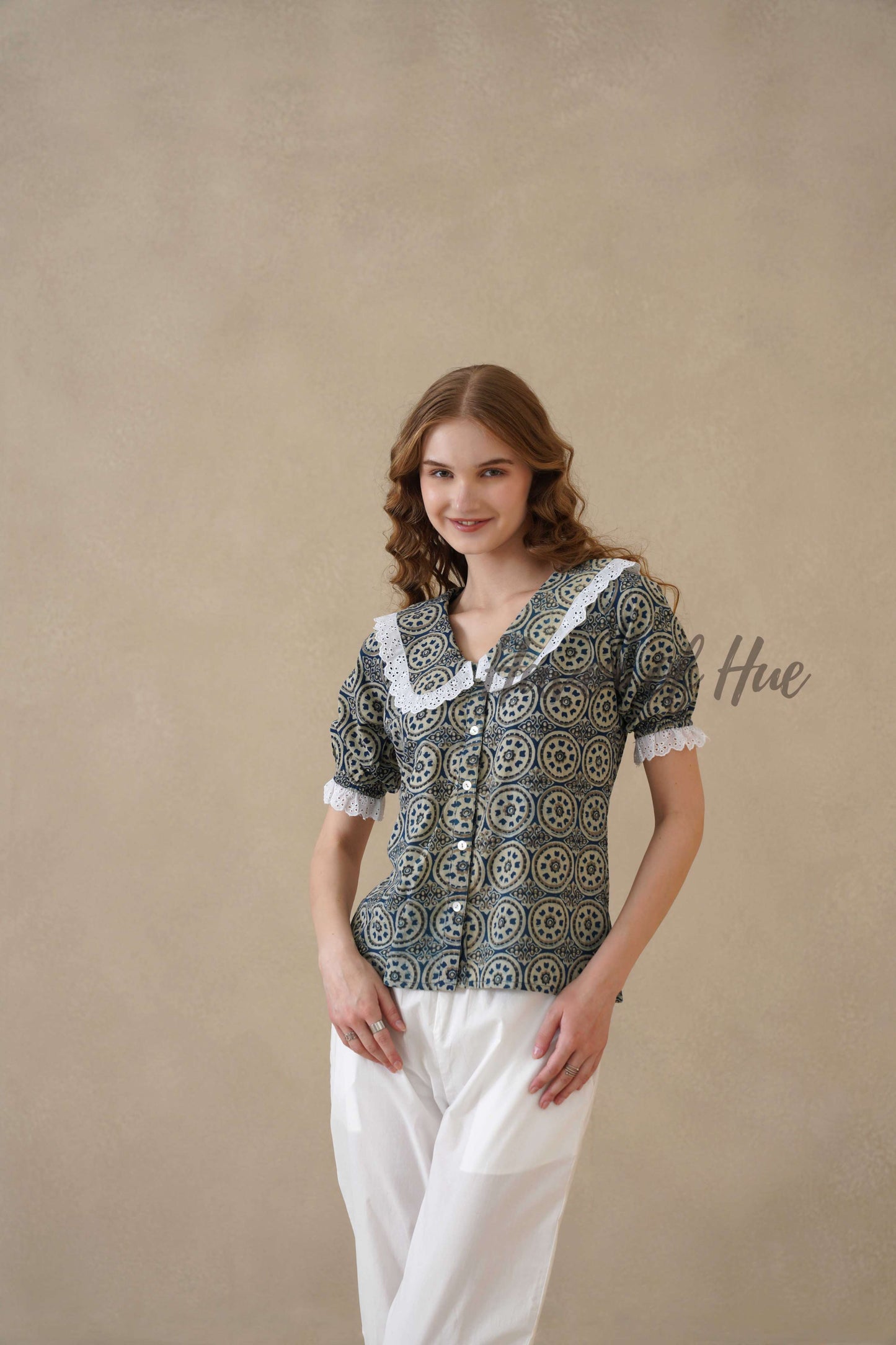 Women’s Indigo Blue Floral Cotton Summer Top with Lace Collar Detail