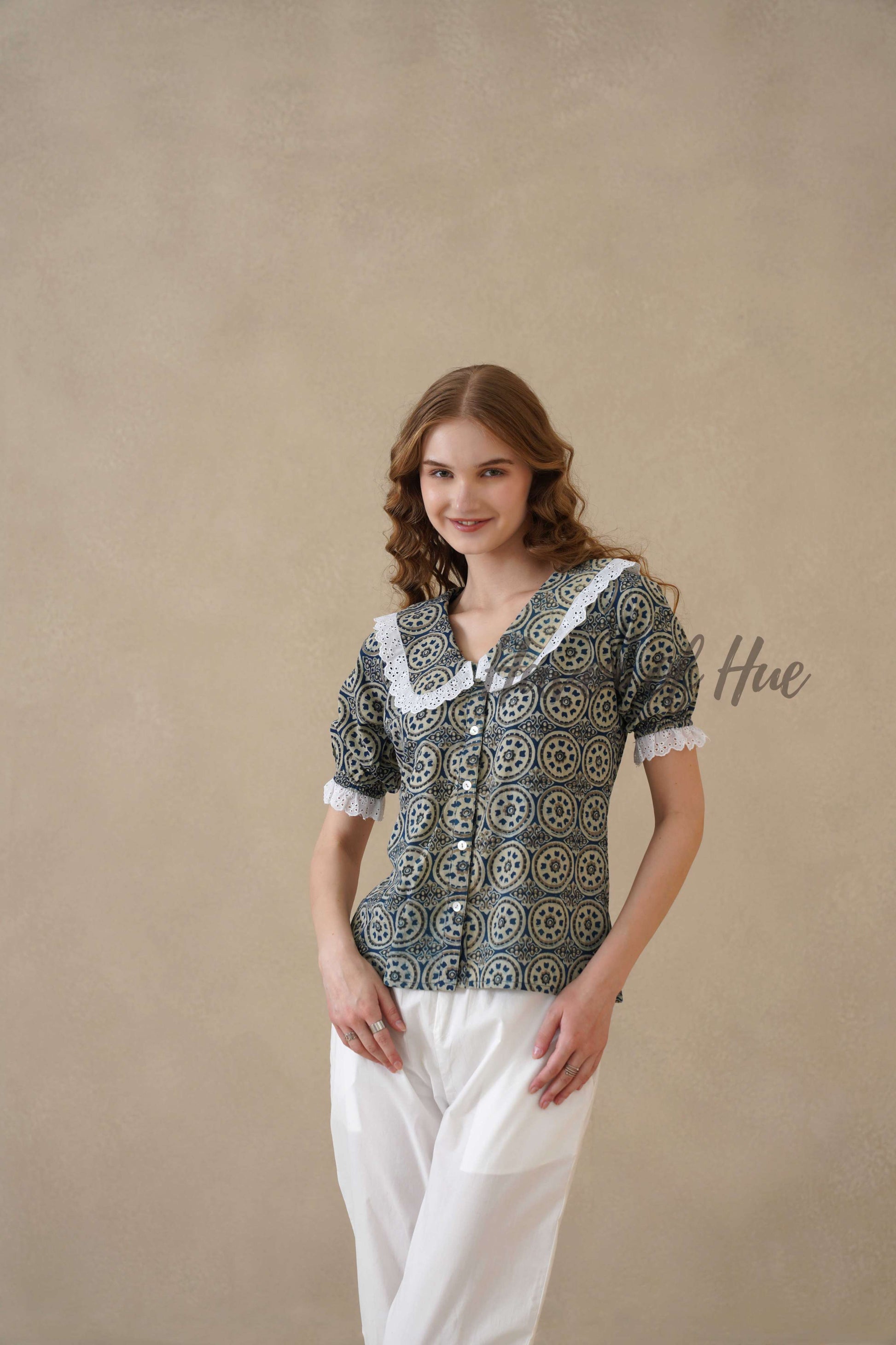 Women’s Indigo Blue Floral Cotton Summer Top with Lace Collar Detail