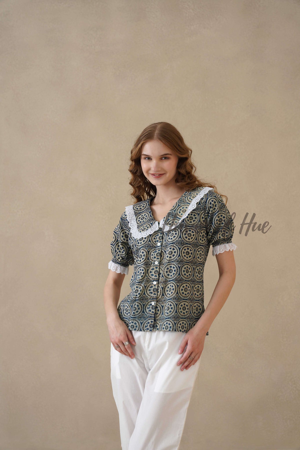 Women’s Indigo Blue Floral Cotton Summer Top with Lace Collar Detail