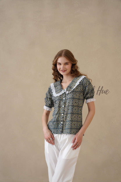 Women’s Indigo Blue Floral Cotton Summer Top with Lace Collar Detail