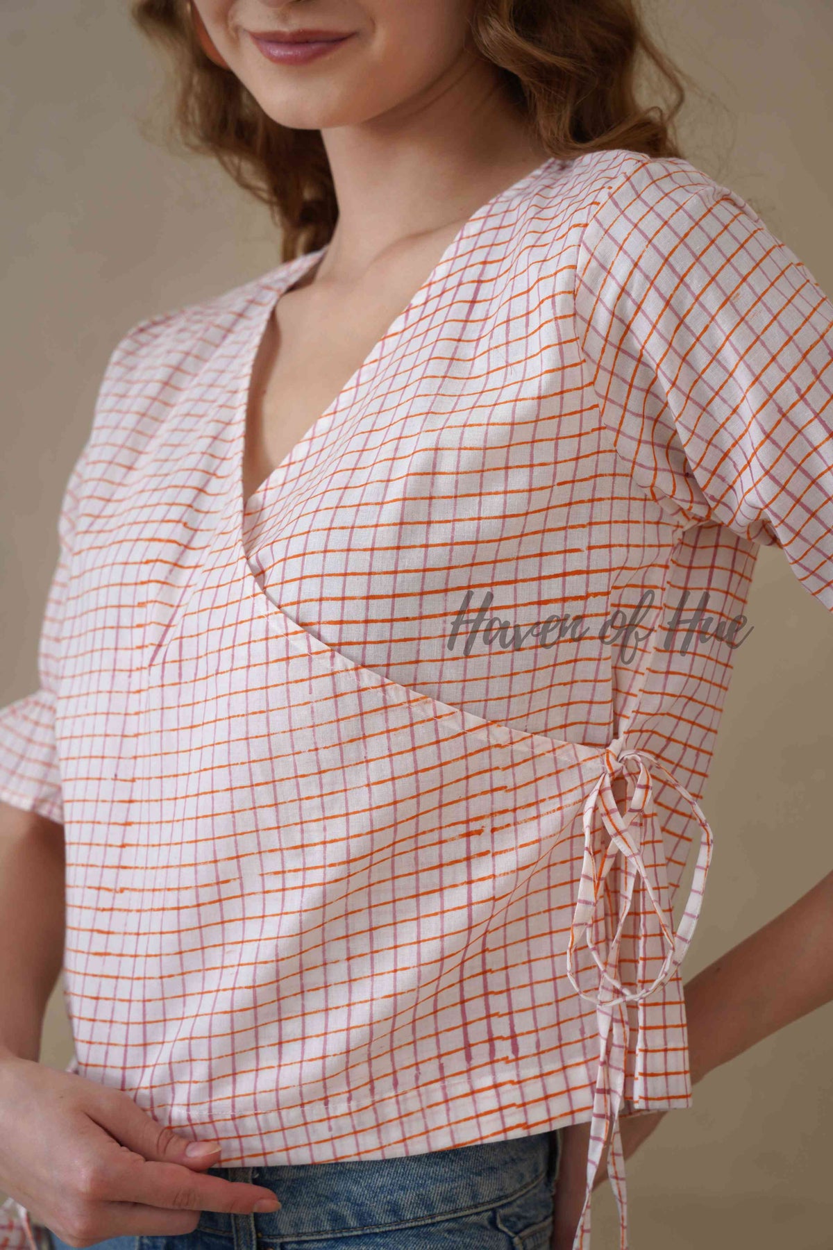 Women’s Orange Floral Block Print Cotton Tunic Top Relaxed Boho Shirt