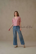 Women’s Pastel Pink Floral Cotton Wrap Blouse | Hand Block Printed Tie-Waist Top