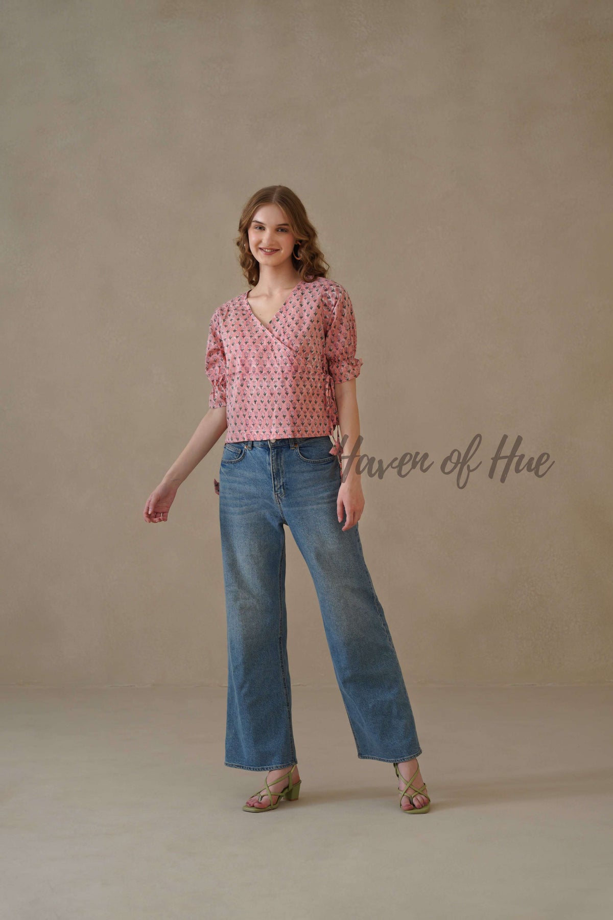 Women’s Pastel Pink Floral Cotton Wrap Blouse | Hand Block Printed Tie-Waist Top