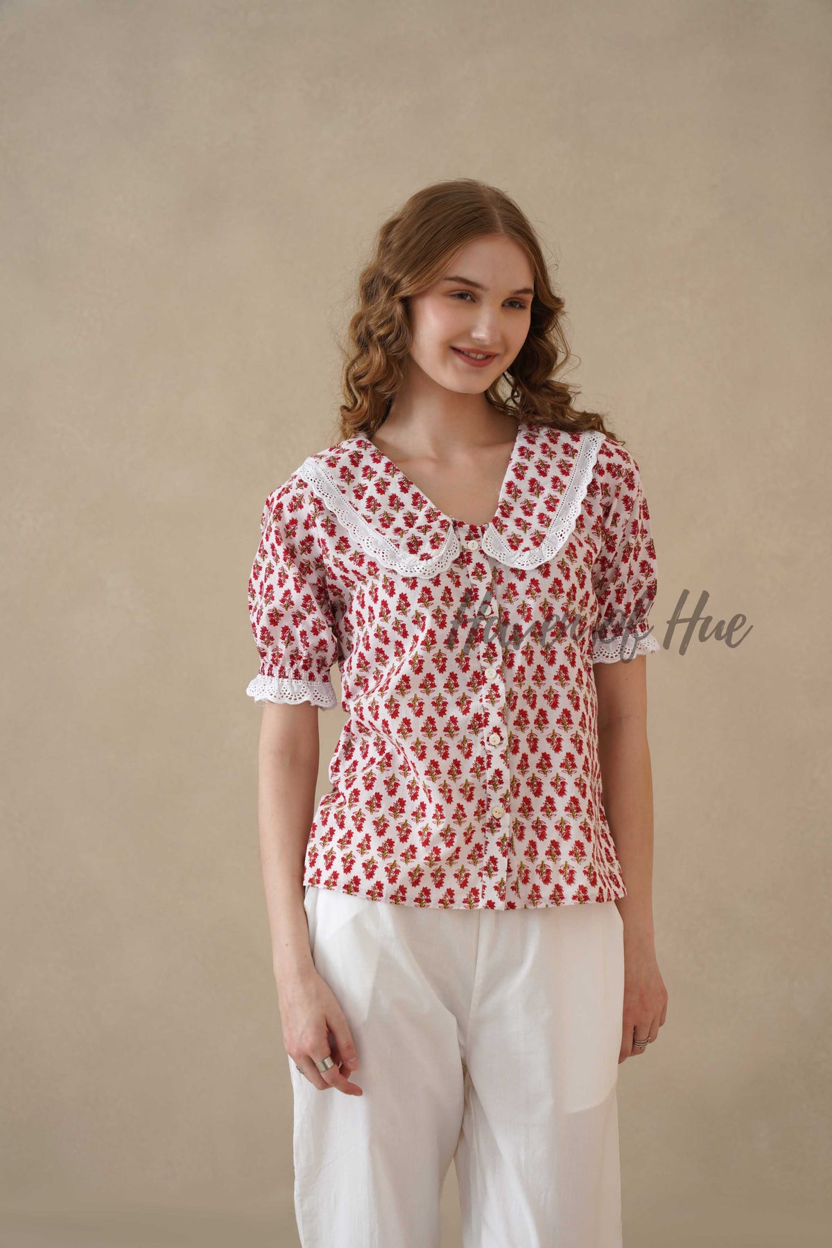 Women’s Red Floral Hand Block Printed Cotton Top with Lace Collar