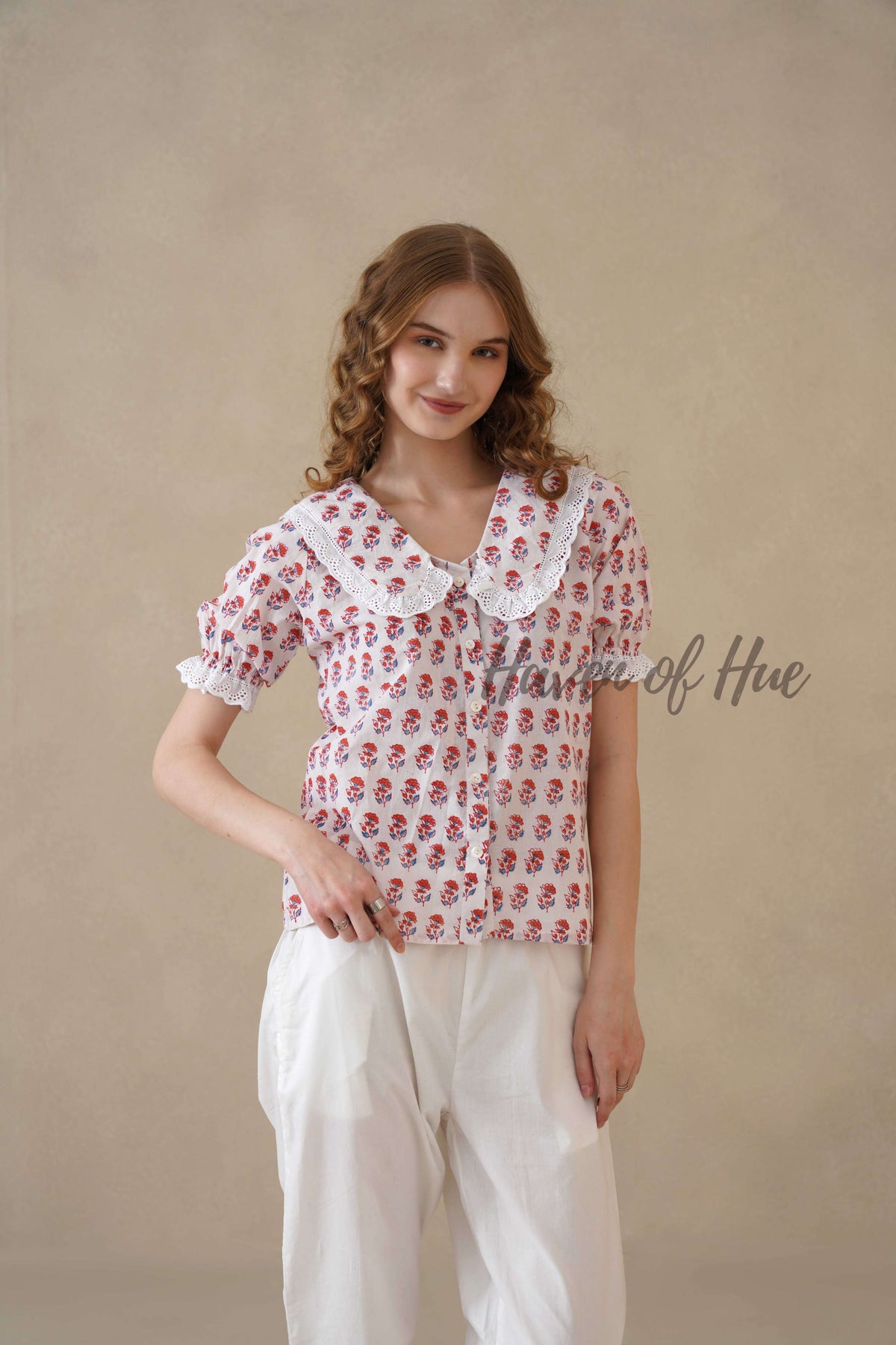 Women’s Red Floral Cotton Summer Top with Lace Peter Pan Collar
