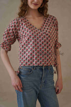 Organic Red Floral Cotton Wrap Top with Adjustable Tie Waist