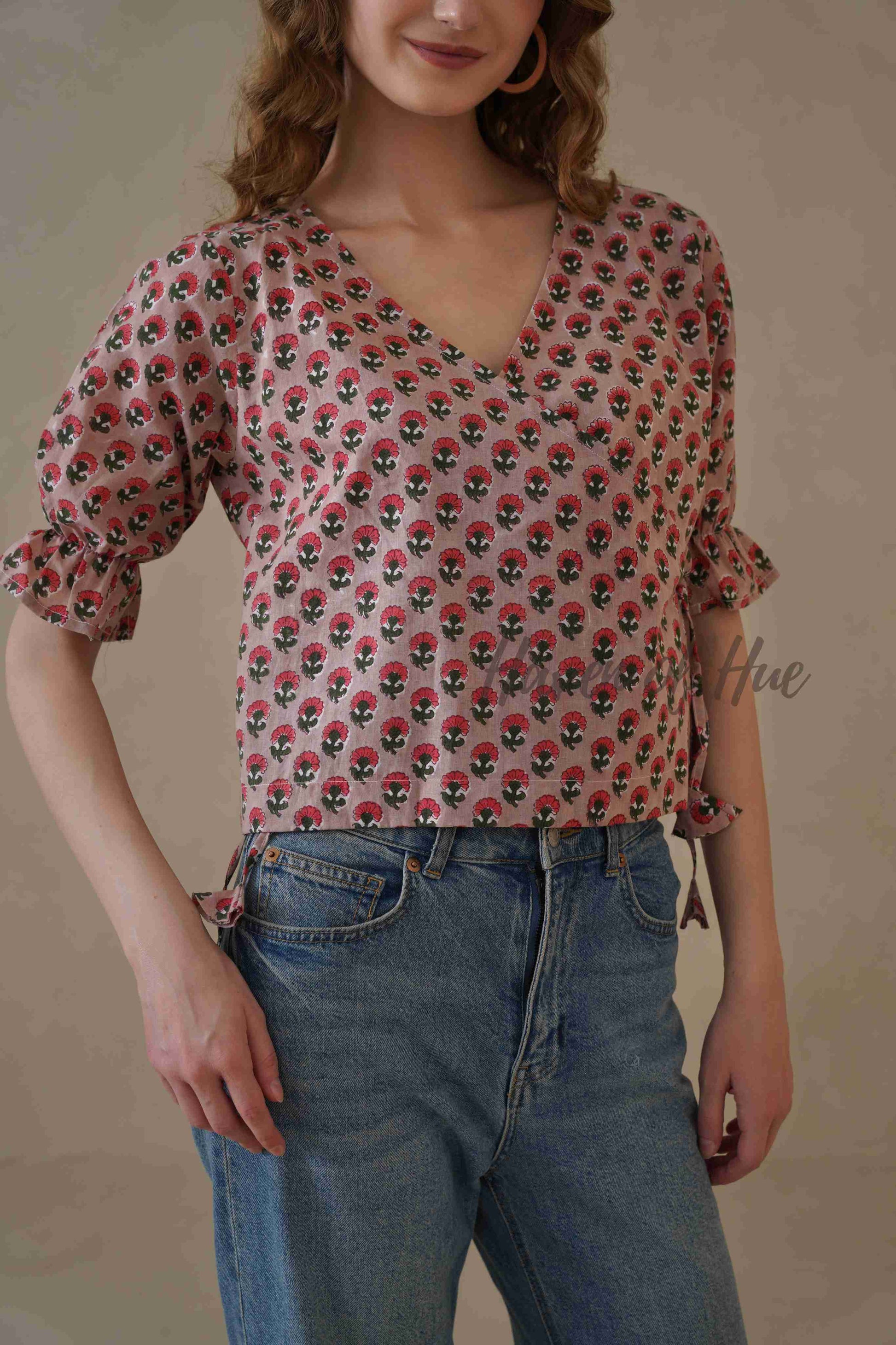 Organic Red Floral Cotton Wrap Top with Adjustable Tie Waist
