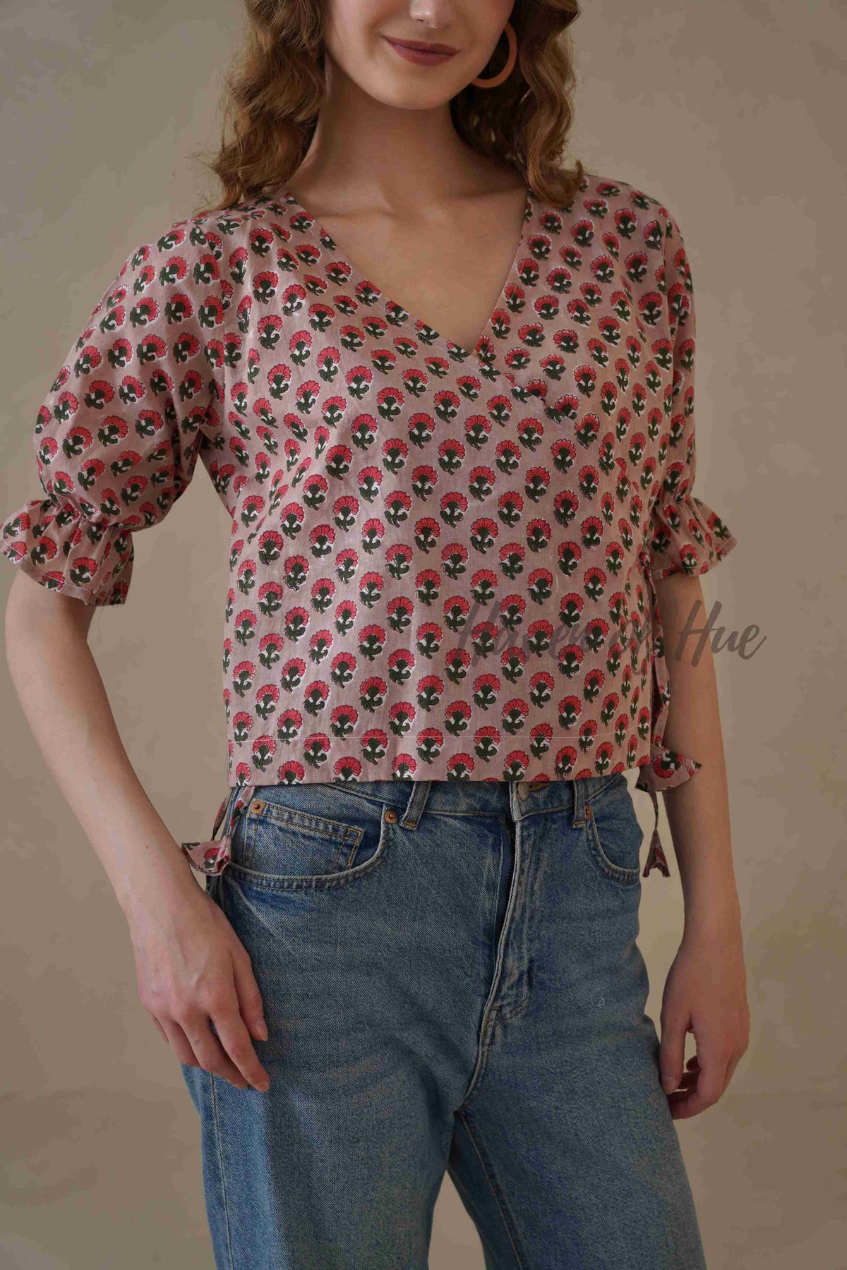 Organic Red Floral Cotton Wrap Top with Adjustable Tie Waist