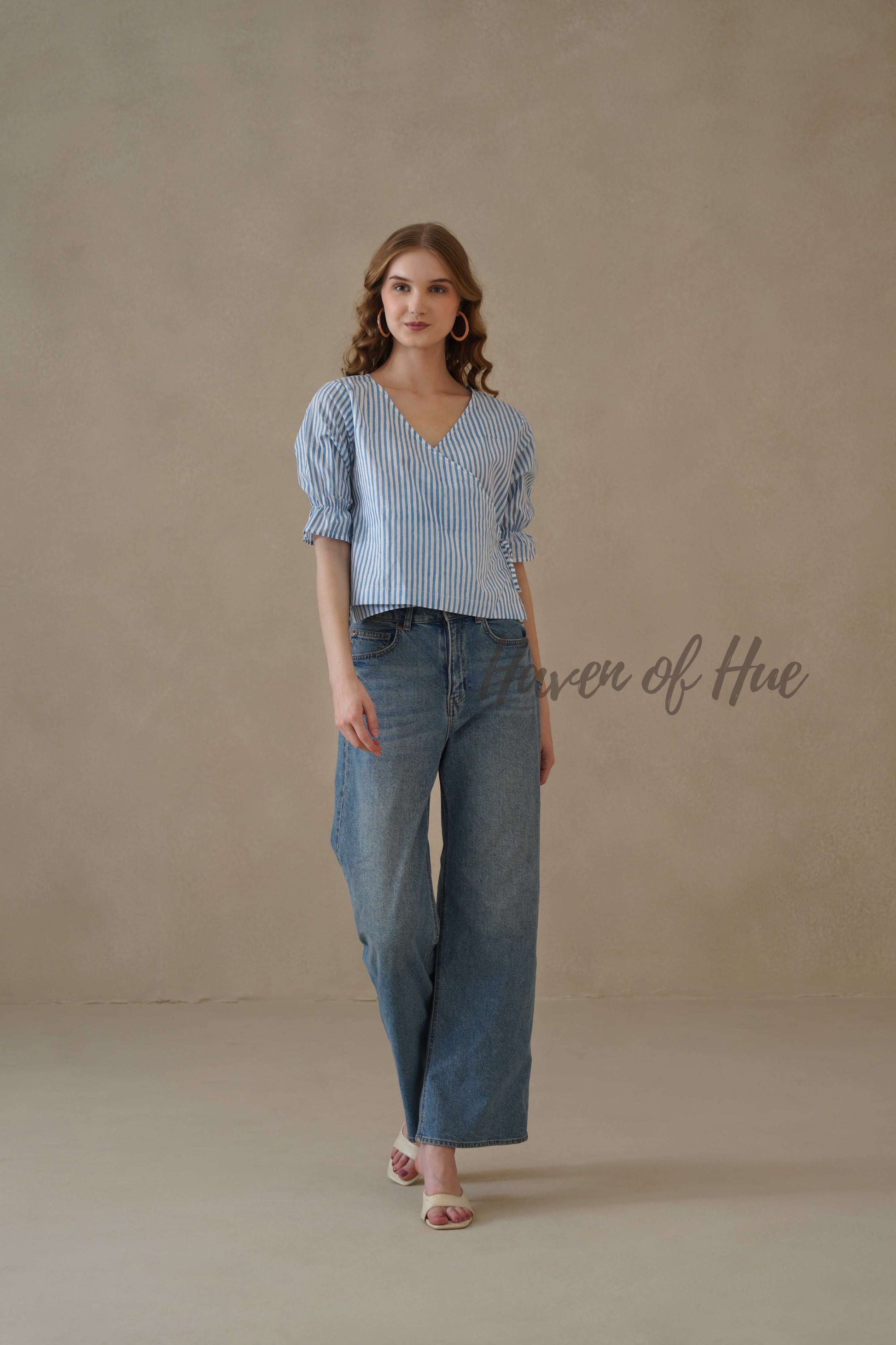 Women’s Blue and White Striped Cotton Wrap Top with Puff Sleeves