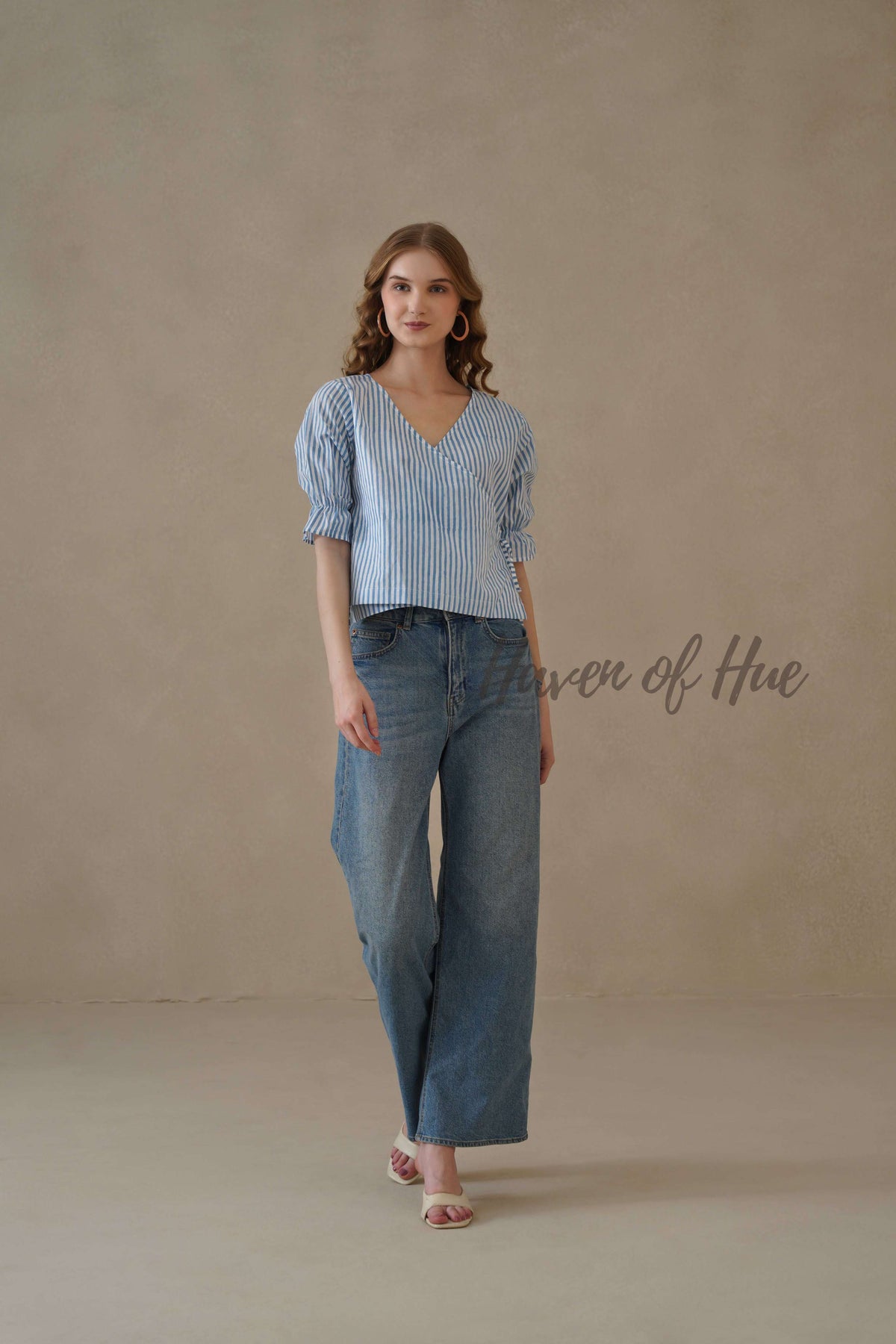 Women’s Blue and White Striped Cotton Wrap Top with Puff Sleeves