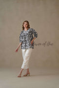 Women’s Gray Floral Hand Block Printed Cotton Relaxed Boho Blouse