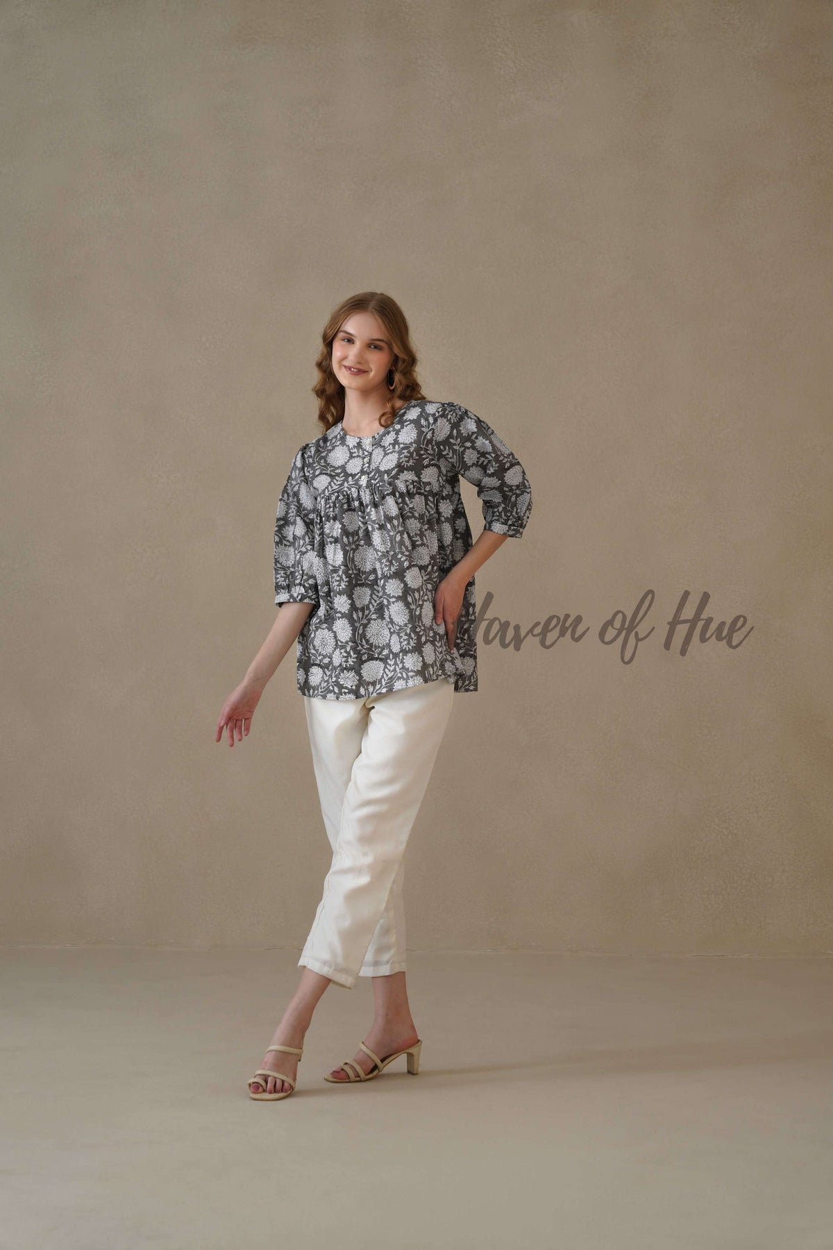 Women’s Gray Floral Hand Block Printed Cotton Relaxed Boho Blouse