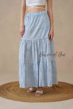 Women's Blue and White Striped Cotton Boho Tiered Maxi Skirt for Summer