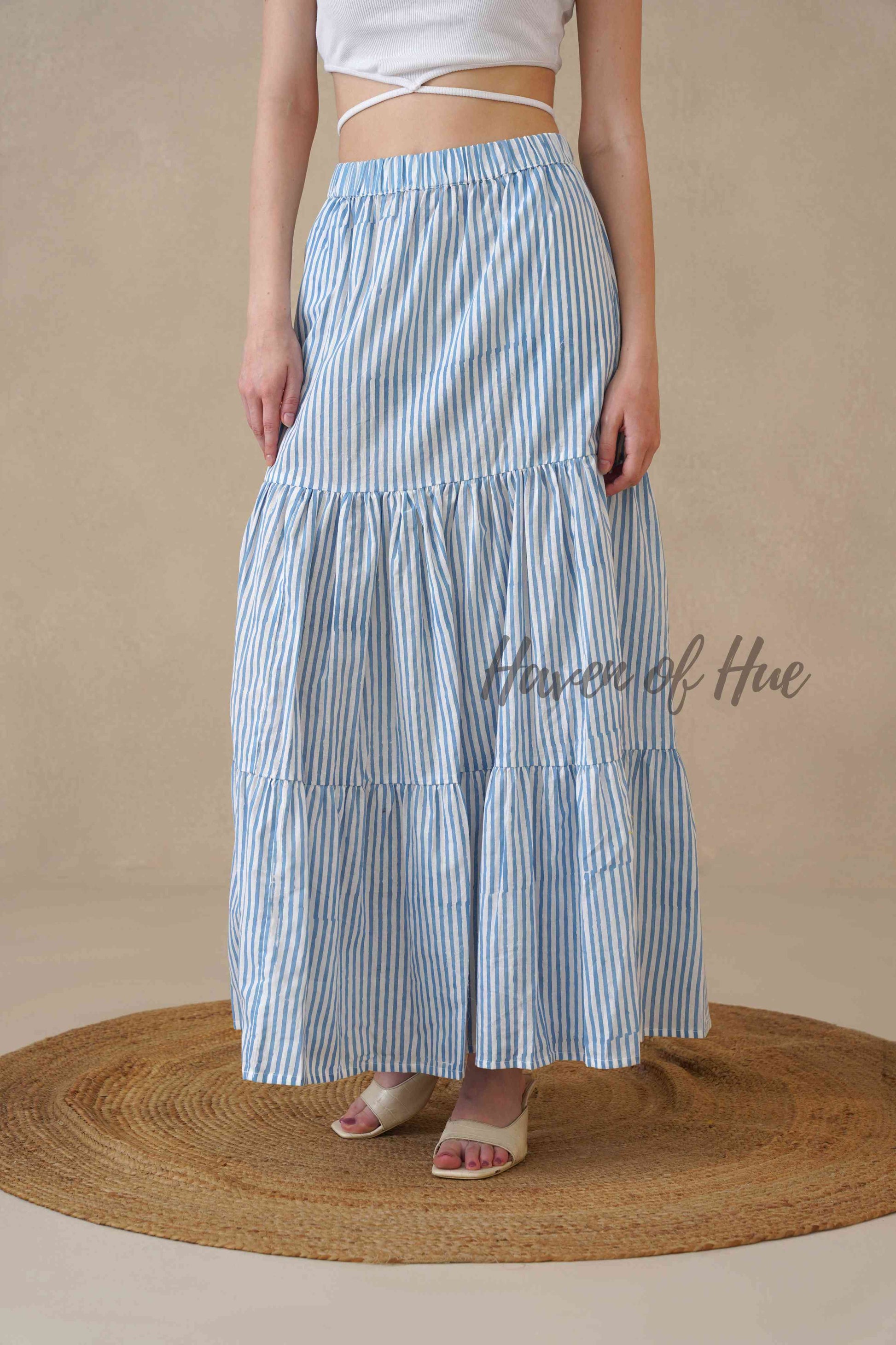 Women's Blue and White Striped Cotton Boho Tiered Maxi Skirt for Summer