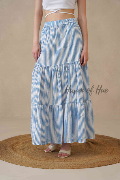 Women's Blue and White Striped Cotton Boho Tiered Maxi Skirt for Summer