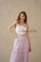 Women's Pink and White Striped Cotton Boho Tiered Maxi Skirt for Summer