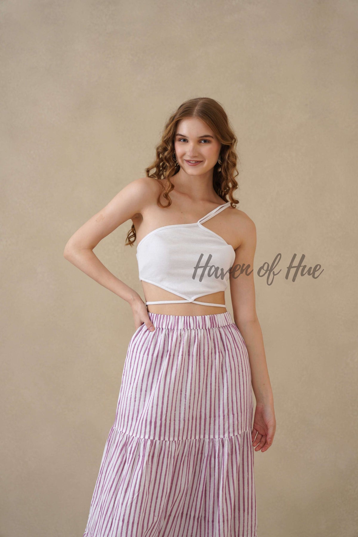 Women's Pink and White Striped Cotton Boho Tiered Maxi Skirt for Summer