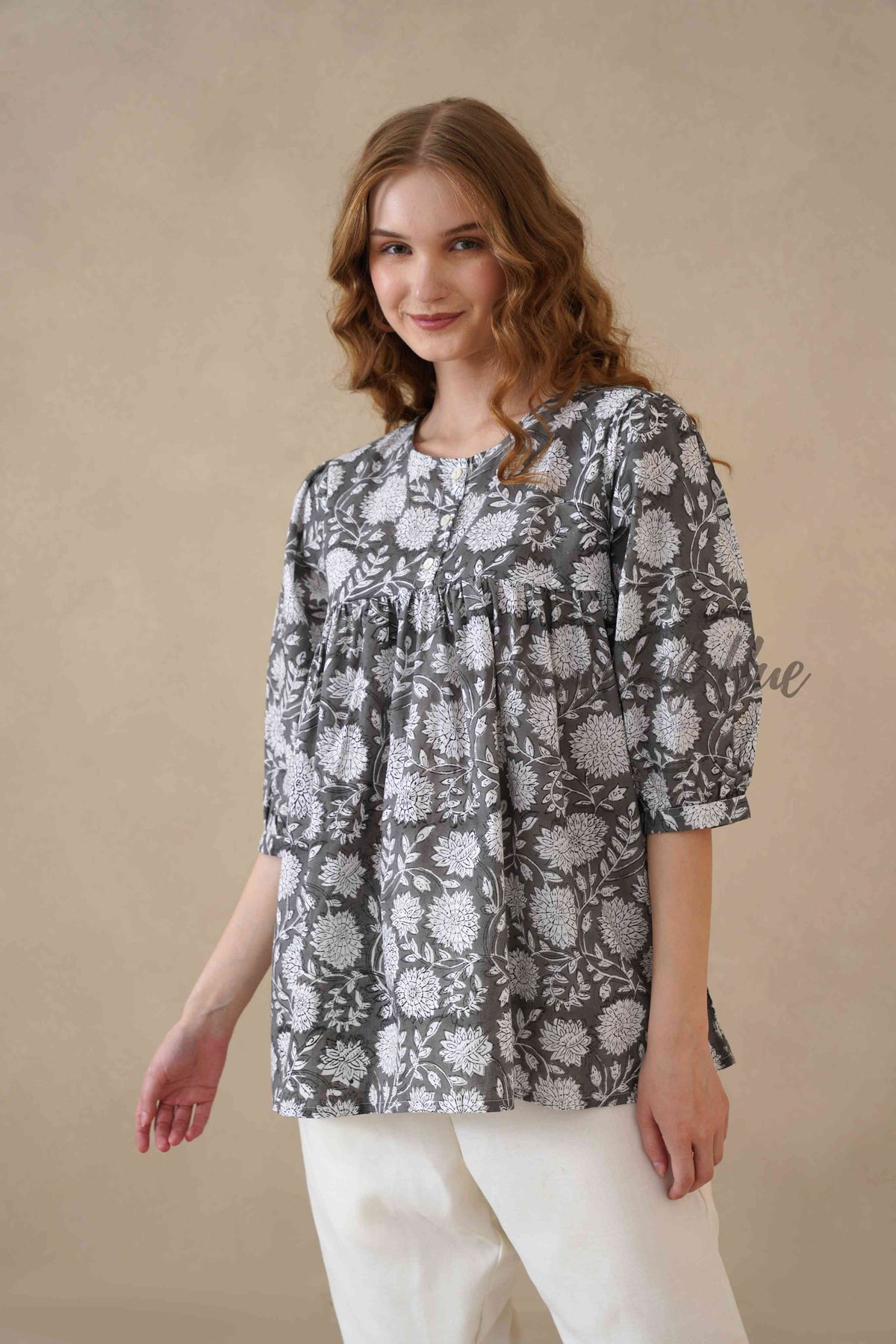 Women’s Gray Floral Hand Block Printed Cotton Boho Relaxed Top