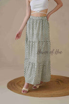 Women’s Sage Green Floral Print Cotton Boho Tiered Maxi Skirt