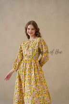 Yellow Cotton Tiered Dress Boho Floral Midi Style