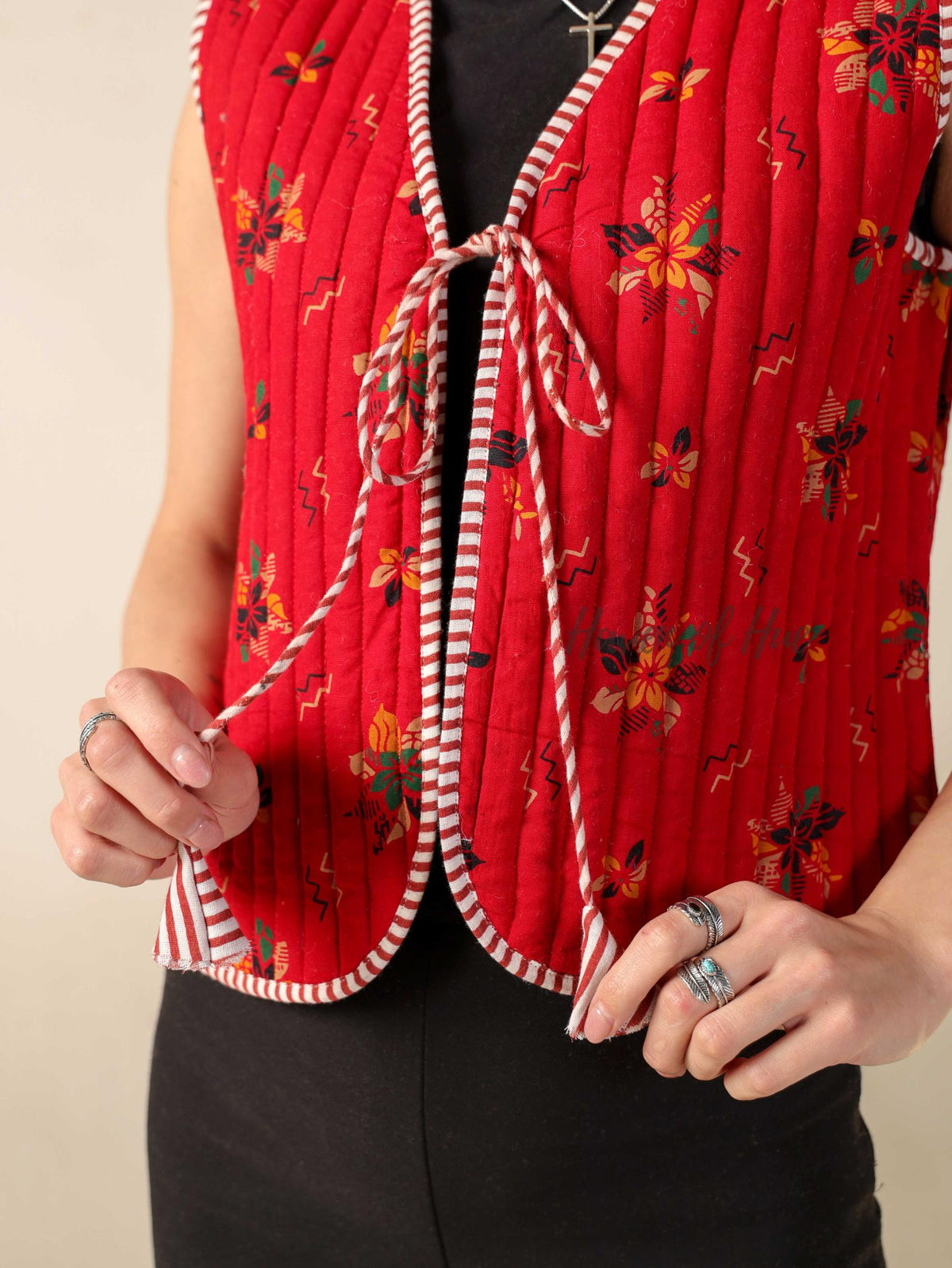 Hand Block Printed Quilted Cotton Vest Jacket Reversible Sleeveless Tie-Up Jacket