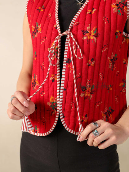 Hand Block Printed Quilted Cotton Vest Jacket Reversible Sleeveless Tie-Up Jacket