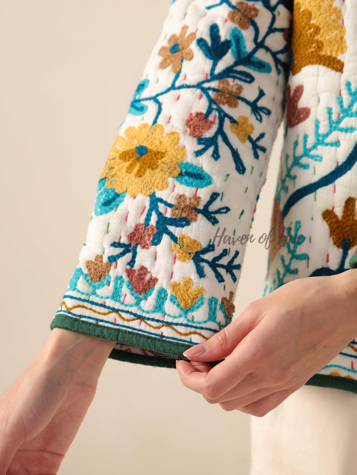Hand Embroidered Suzani Kantha Jacket, White Quilted Cotton Women’s Jacket