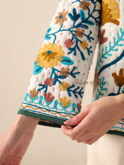Hand Embroidered Suzani Kantha Jacket, White Quilted Cotton Women’s Jacket
