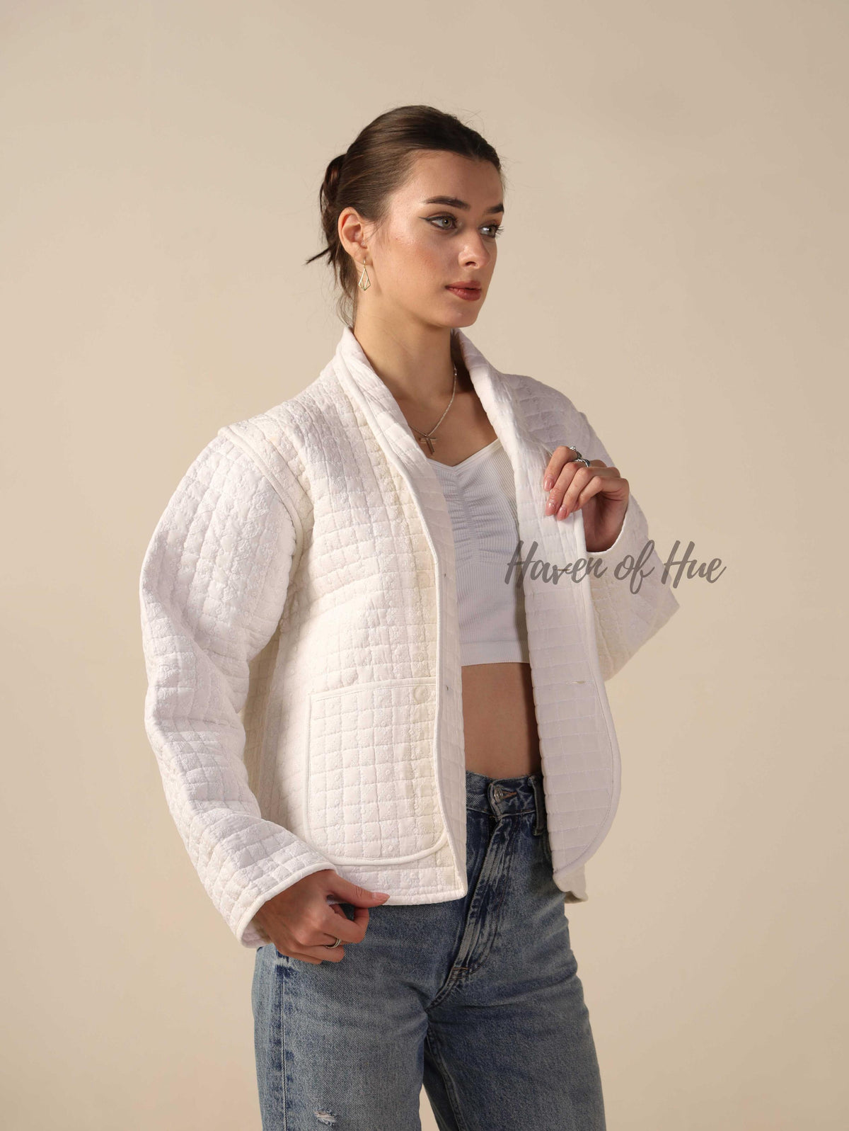 Women's Lightweight White Cotton Embroidered Casual Open Front Jacket