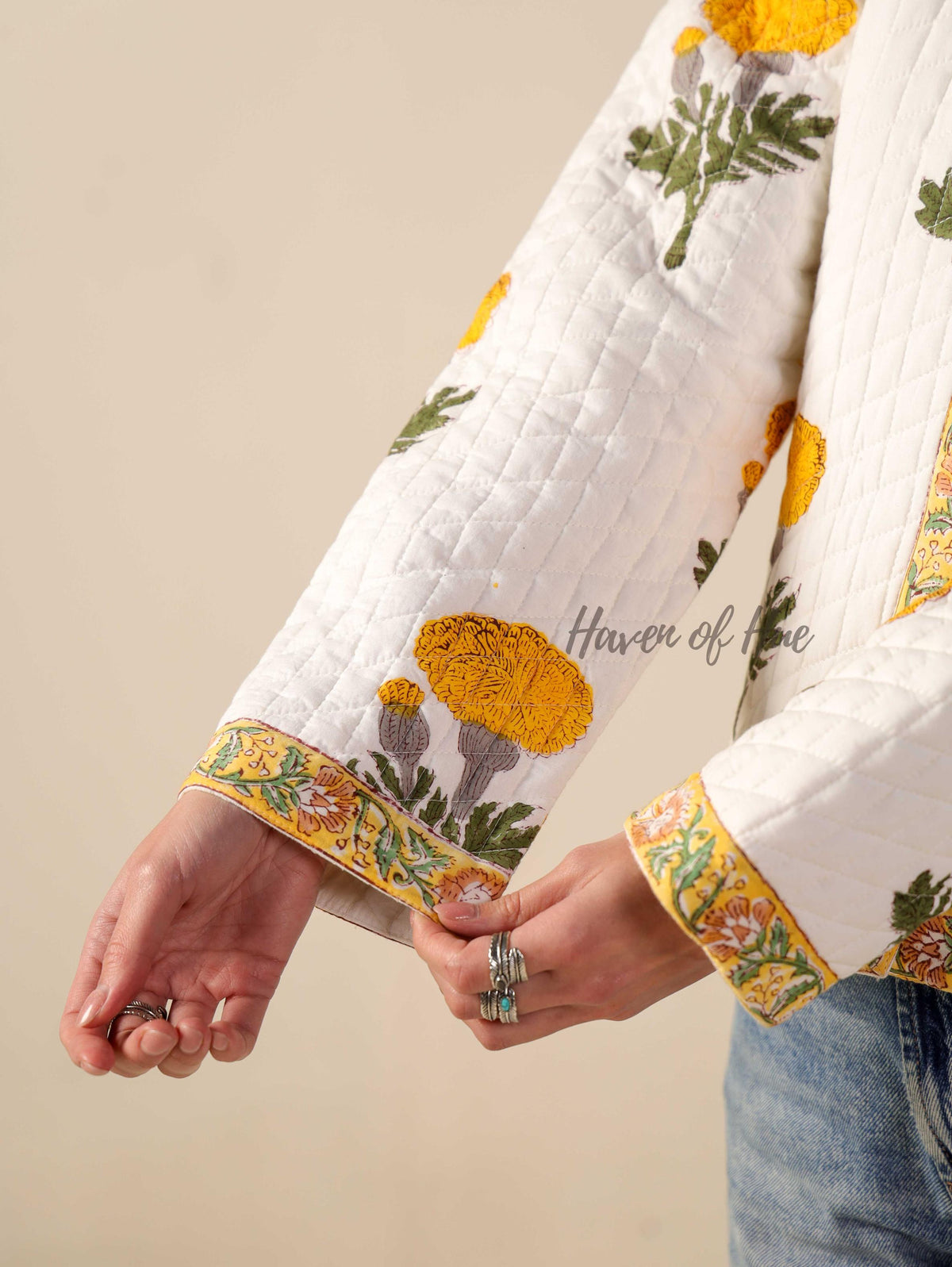 Hand Block Printed Cotton Quilted Jacket for Women Floral Boho Open Front Jacket