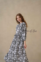 Black Floral Cotton Dress with Full Sleeve Detail