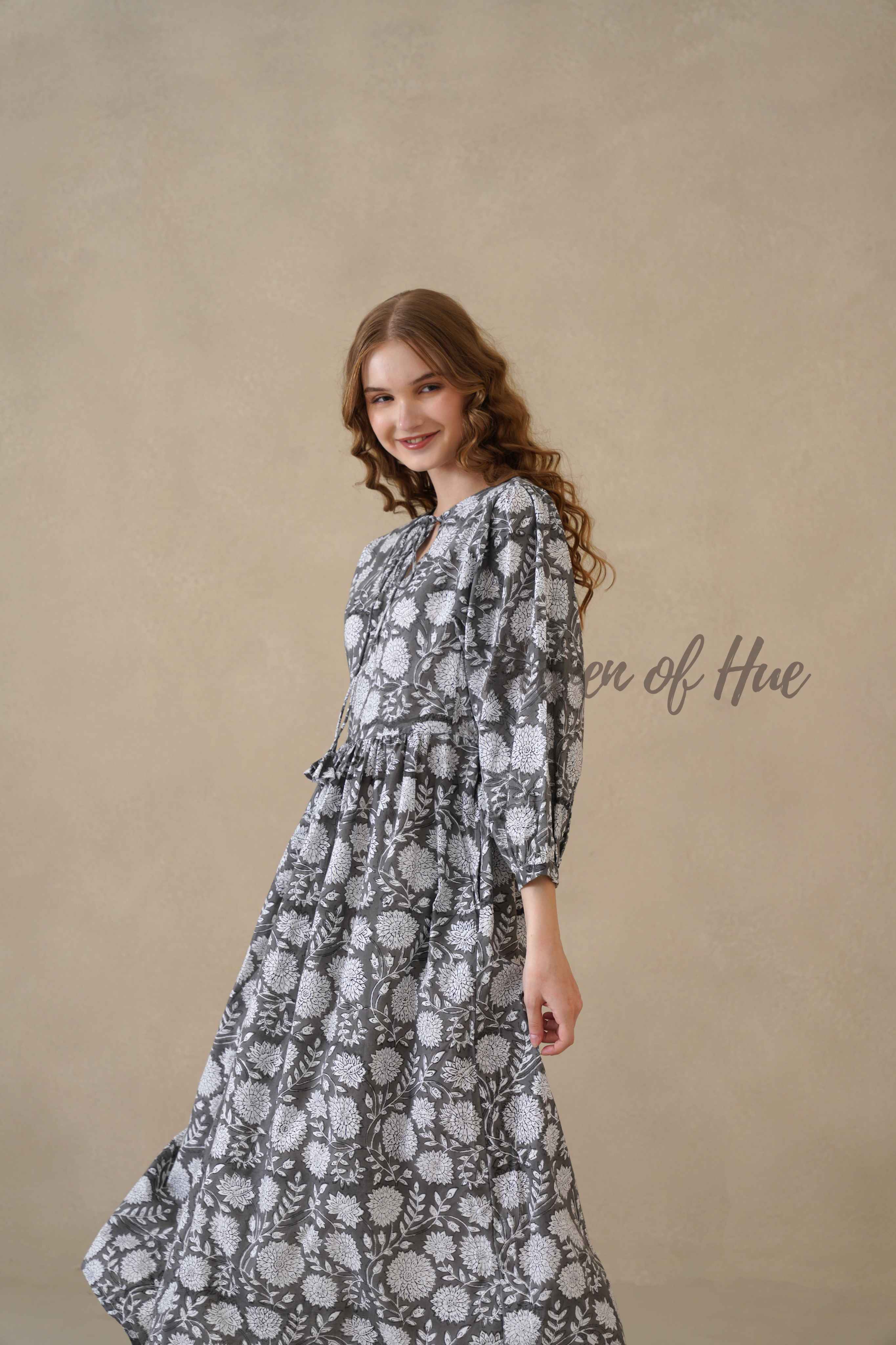 Black Floral Cotton Dress with Full Sleeve Detail