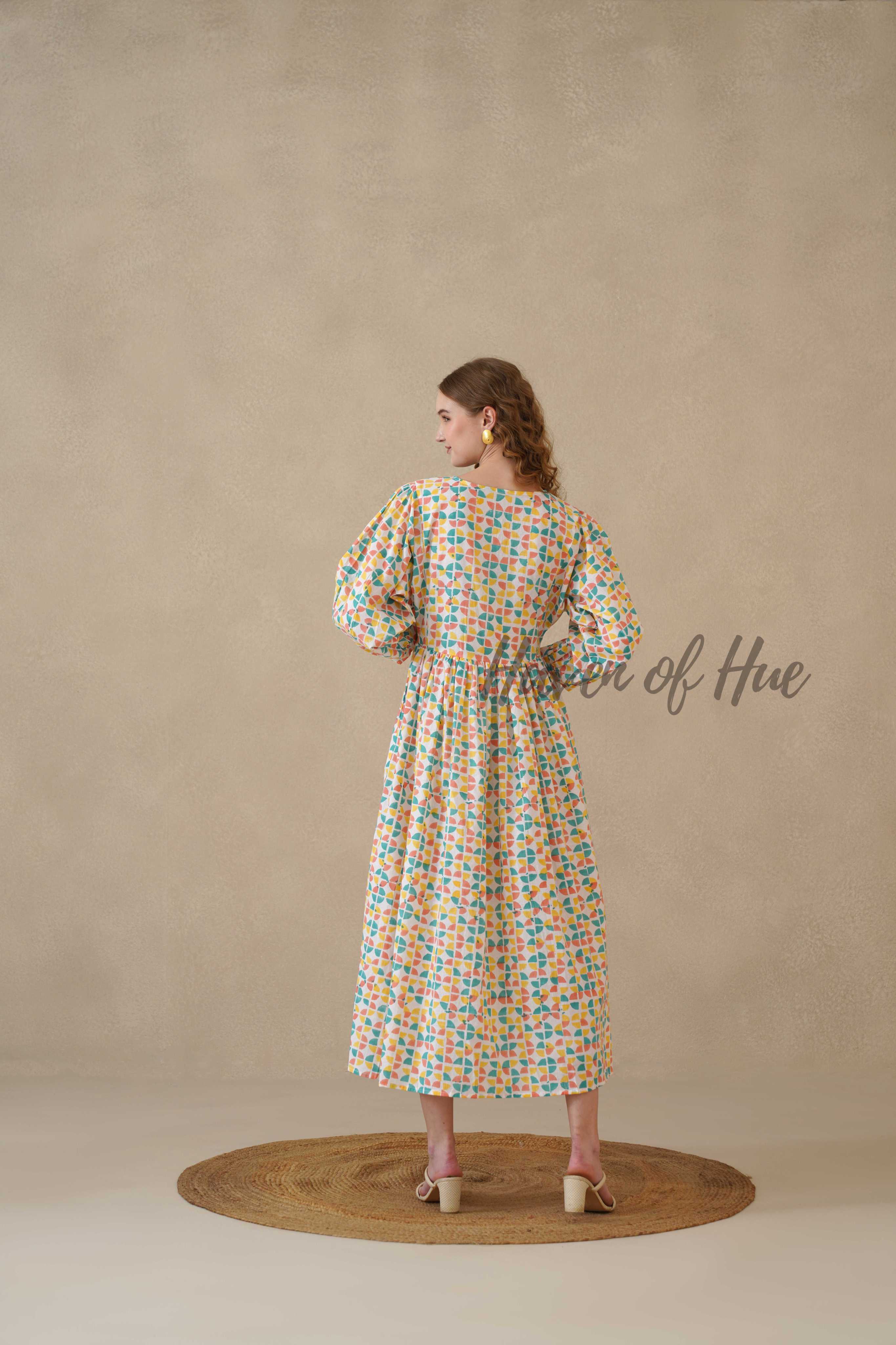 Multicolor Full Sleeve Cotton Dress with Geometric Print