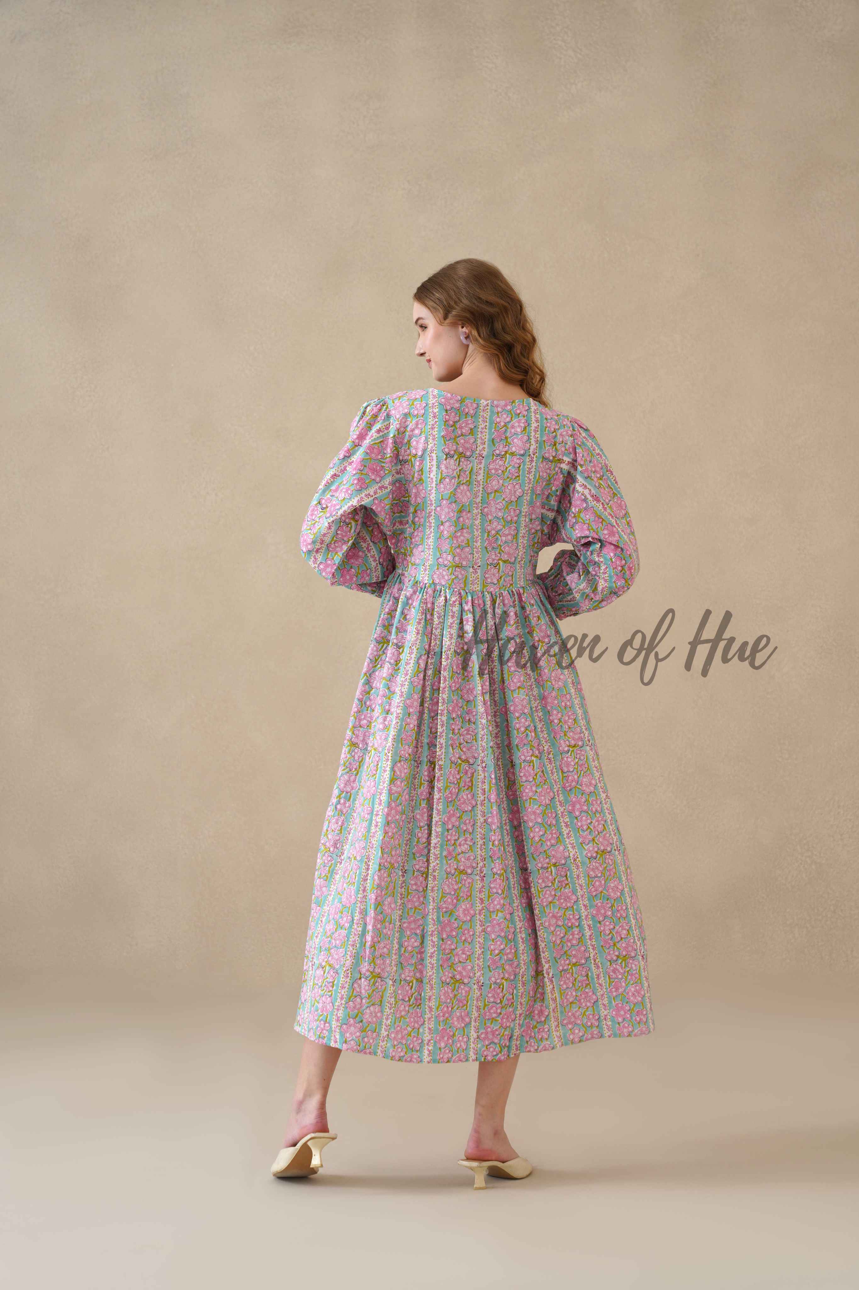 Multicolor Floral Cotton Midi Dress with Long Sleeves
