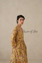 Yellow Floral Cotton Dress | Long Sleeve V-Neck Midi Dress