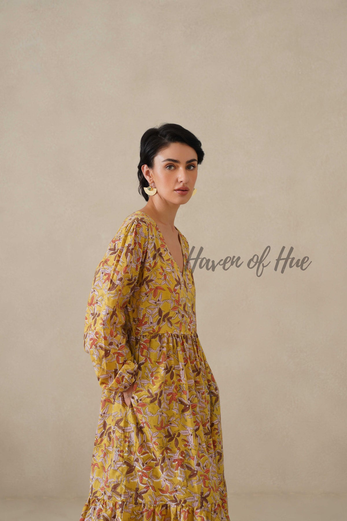 Yellow Floral Cotton Dress | Long Sleeve V-Neck Midi Dress