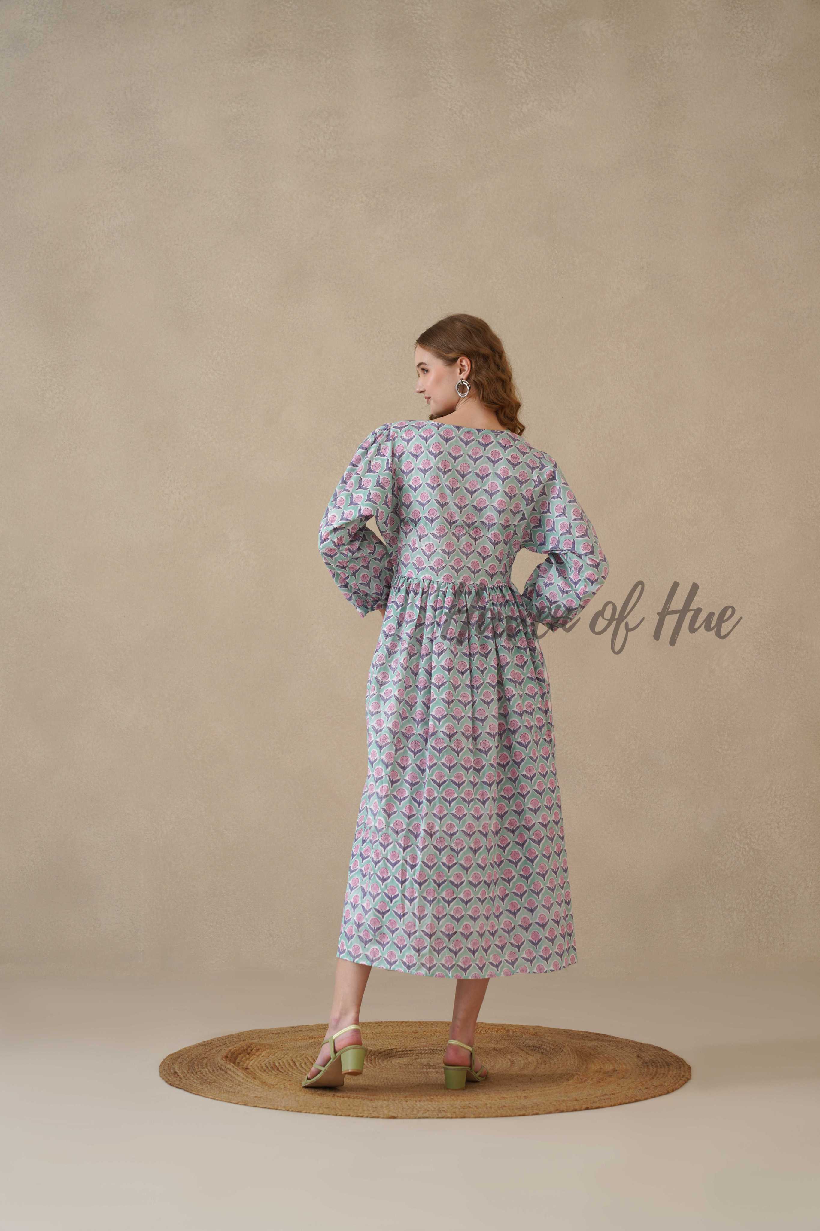 Green Full Sleeve Cotton Dress with Floral Print