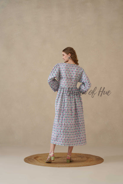 Green Full Sleeve Cotton Dress with Floral Print