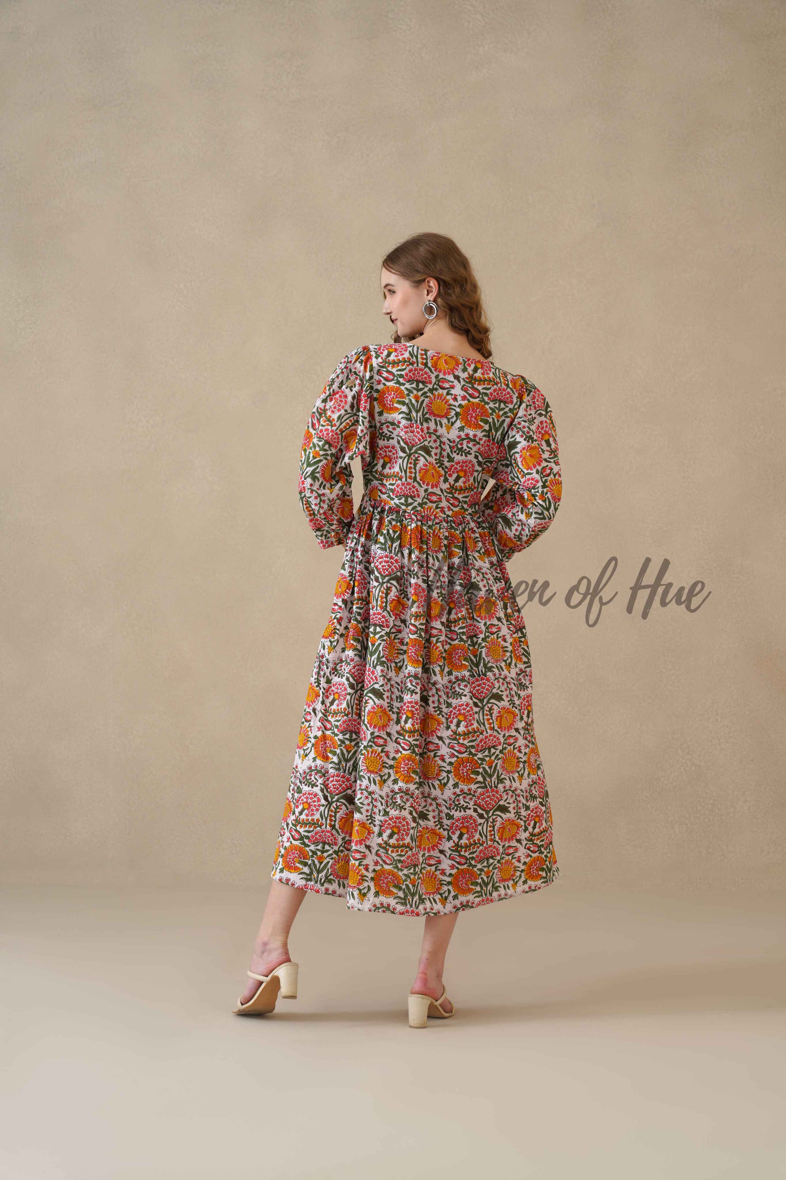 Multicolor Round Neck Cotton Dress with Full Sleeves
