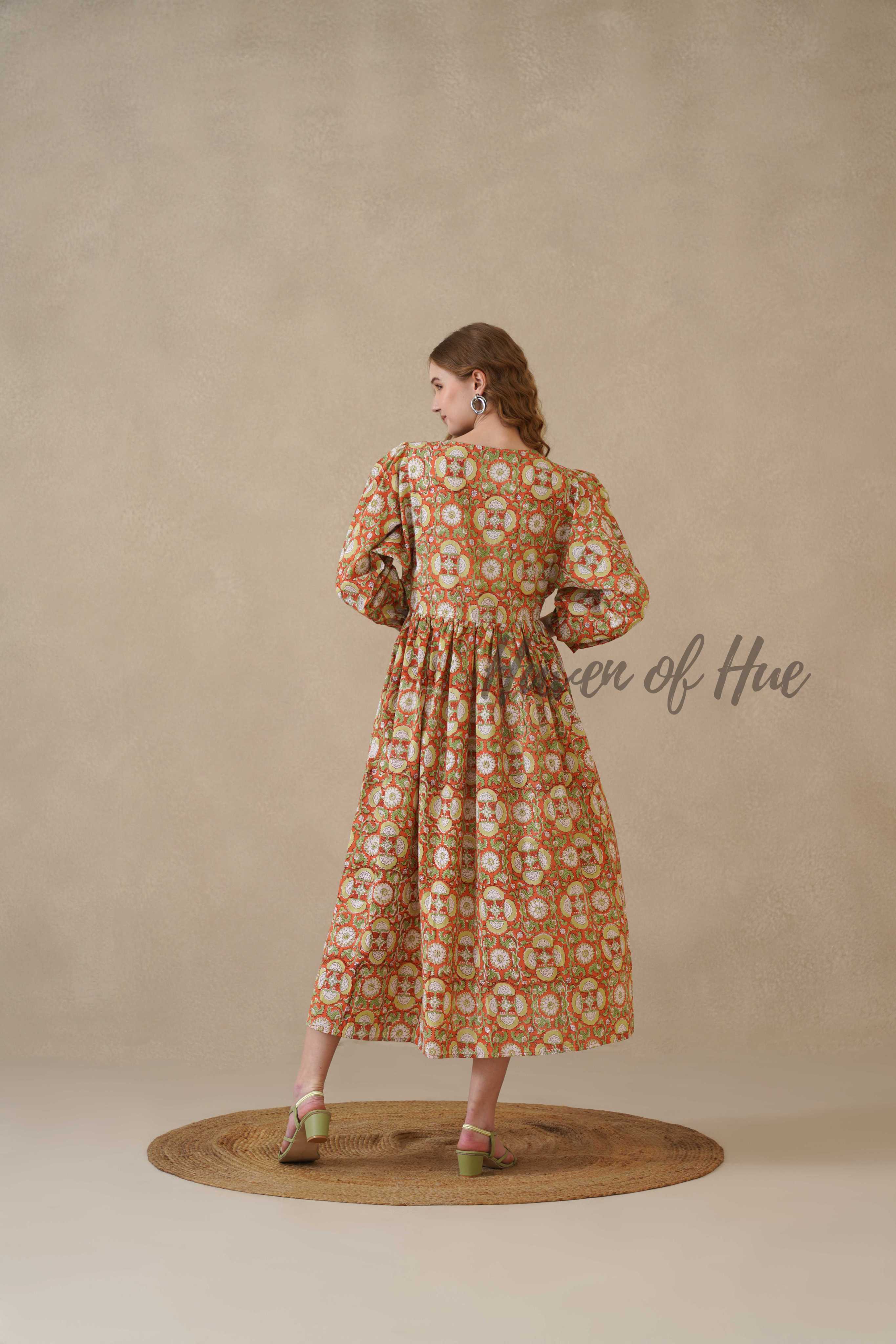 Orange Full Sleeve Cotton Dress with Floral Print