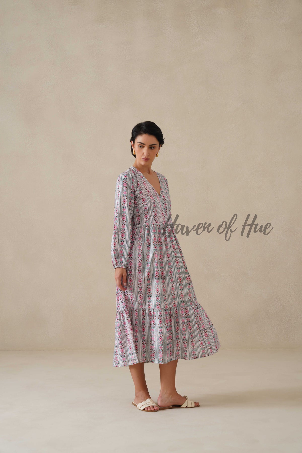 Floral Cotton Midi Dress with Long Sleeves, Pink Boho V-Neck Tiered Sundress