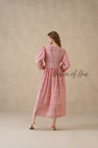 Pink Floral Cotton Midi Dress with Long Sleeves