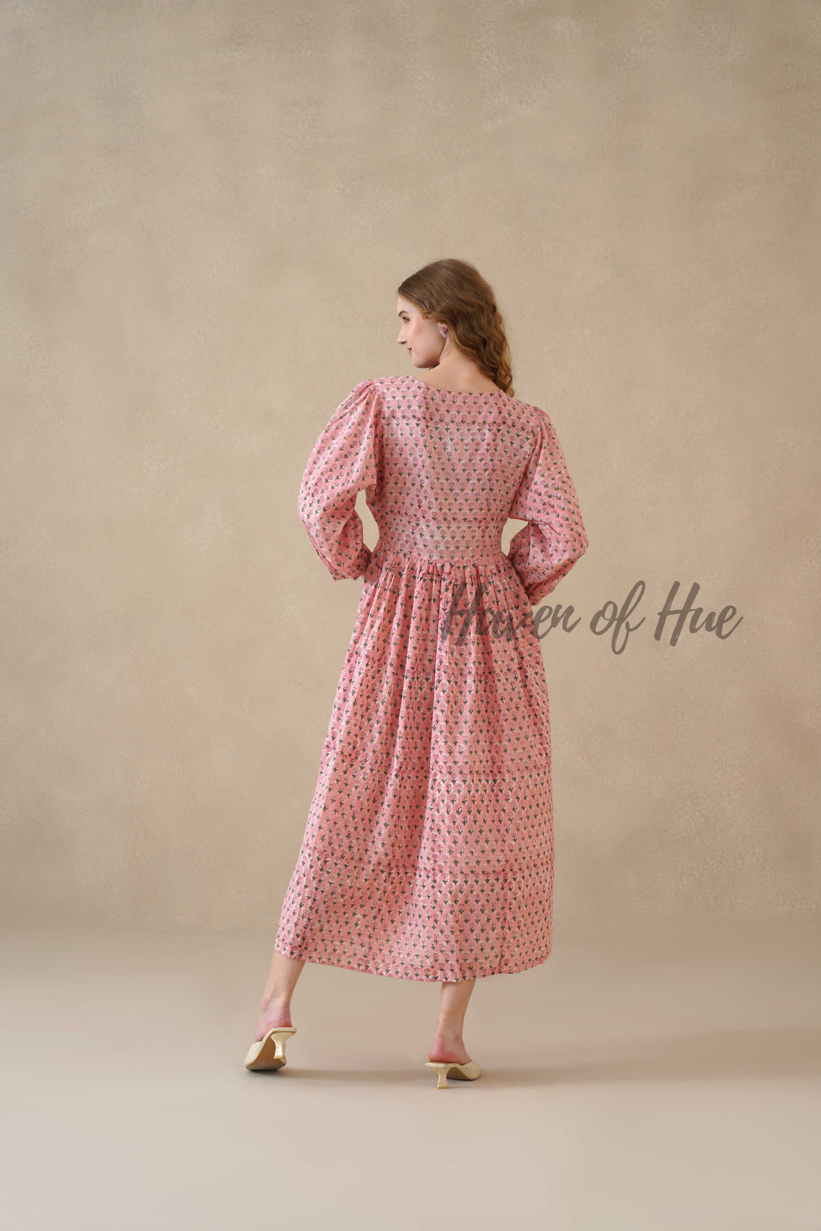 Pink Floral Cotton Midi Dress with Long Sleeves