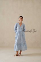 Blue Striped Cotton Dress with Long Sleeves, V-Neck Tiered Midi for Women