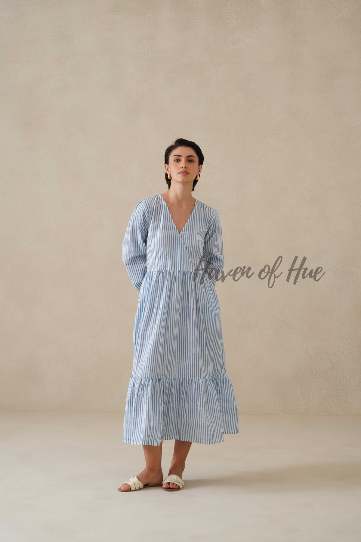 Blue Striped Cotton Dress with Long Sleeves, V-Neck Tiered Midi for Women