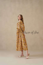 Yellow Floral Cotton Midi Dress with Long Sleeves