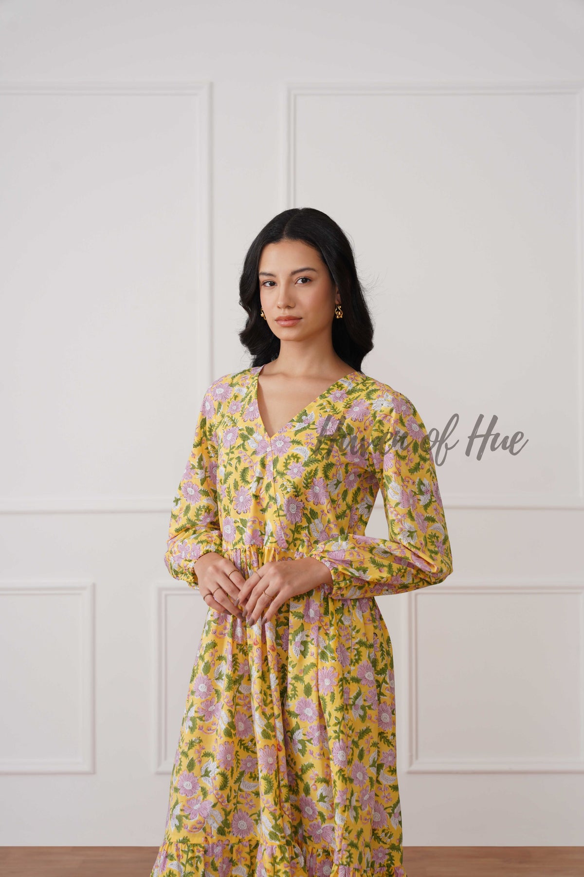 Yellow Floral Cotton Midi Dress - Boho Long Sleeve Cottagecore Dress